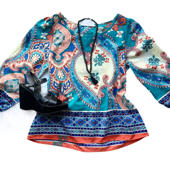 Peach Love California Summer Paisley Blouse Size M - Picture 2 of 14